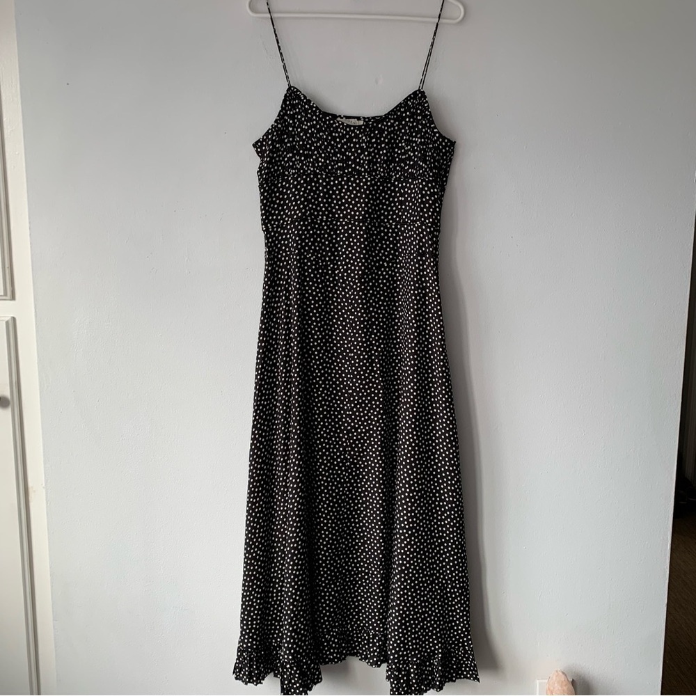 NWT Doen Rosaria Silk Ruched Bust Ruffle Midi Maxi Dress Camille Dot Polka Black - Picture 10 of 16